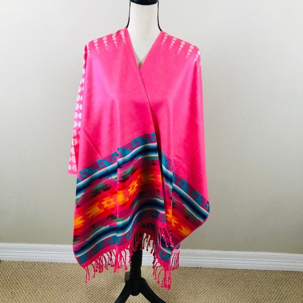 Southwestern Serape‎ Fringe Kimono Womens OS Pink Multicolor Boho Festival Beach